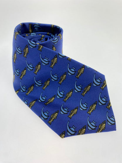 【中古品】【メンズ】 HERMES エルメス SILK TIE ネクタイ シルクタイ スーツ用小物 服飾雑貨 フィッシュ 魚柄 183-251209-kk-18-min カラー：ブルー 万代Net店