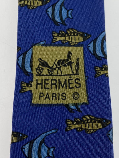 【中古品】【メンズ】 HERMES エルメス SILK TIE ネクタイ シルクタイ スーツ用小物 服飾雑貨 フィッシュ 魚柄 183-251209-kk-18-min カラー：ブルー 万代Net店