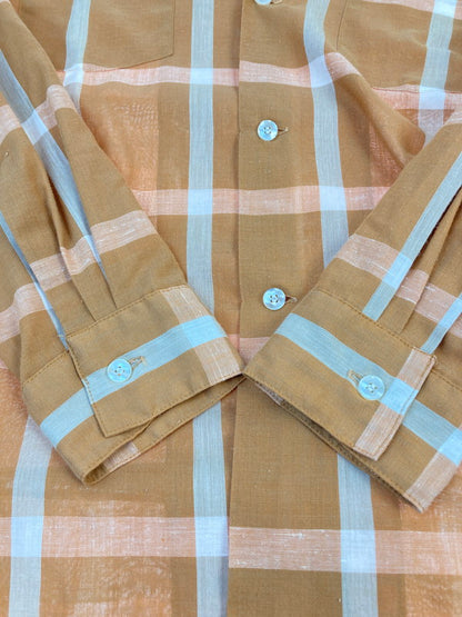 【中古品】【メンズ】 ARROW アロー 60's L/S OPEN COLLAR CHECK SHIRT VINTAGE 60年代 ロングスリーブ オープンカラー チェックシャツ 長袖 トップス ヴィンテージ 146-251207-kk-14-min サイズ：M カラー：ブラウン 万代Net店