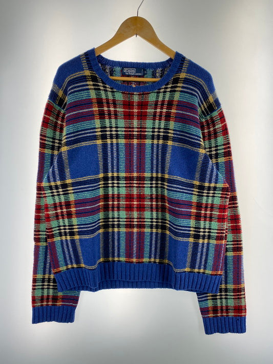【中古品】【メンズ】 RALPH LAUREN ラルフローレン ELBOW PATCH WOOL KNIT 90S エルボー パッチ ウール ニット セーター メンズ トップス 146-251212-em-27-min サイズ：XL カラー：ブルー系 万代Net店