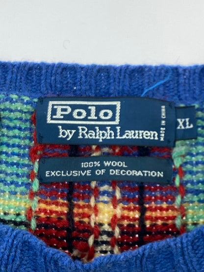 【中古品】【メンズ】 RALPH LAUREN ラルフローレン ELBOW PATCH WOOL KNIT 90S エルボー パッチ ウール ニット セーター メンズ トップス 146-251212-em-27-min サイズ：XL カラー：ブルー系 万代Net店
