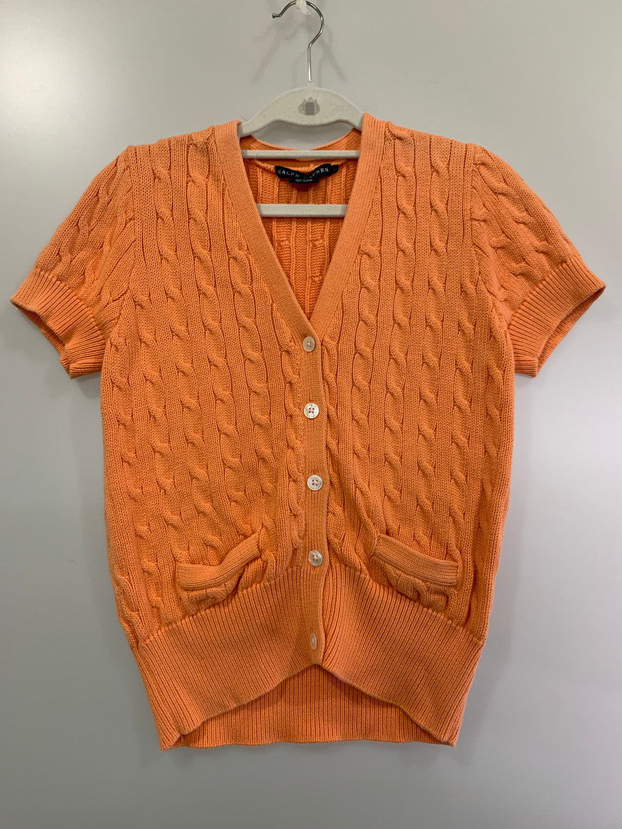 【中古品】【レディース】 RALPH LAUREN ラルフローレン CABLE KNIT S S CARDIGAN ケーブルニット ショートスリーブ カーディガン レディース トップス 170-260311-em-08-min サイズ：L カラー：オレンジ 万代Net店