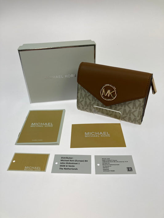 【中古品】【レディース】 Michael Kors マイケルコース MKシグネチャ 3つ折り財布 34S1GNME6B レディース ウォレット レザー 201-260125-em-07-min カラー：ブラウン/ホワイト 万代Net店