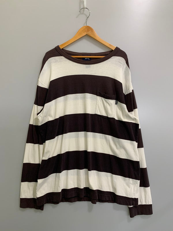 【中古品】【メンズ】 STUSSY ステューシー 90’s BORDER POCKET LS TEE 90年代 ボーダーポケット ロングスリーブティーシャツ トップス 142-260409-SH-45-min サイズ：XL カラー：ダークブラウン/ホワイト 万代Net店