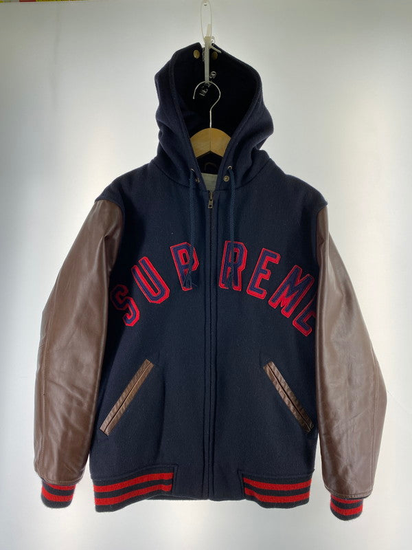 【中古品】【メンズ】 Supreme シュプリーム 12AW HOODED VARSITY JACKET フーデッド バーシティージャケット アウター フード付きスタジャン 149-260131-kk-30-min サイズ：S カラー：ネイビー/ブラウン 万代Net店