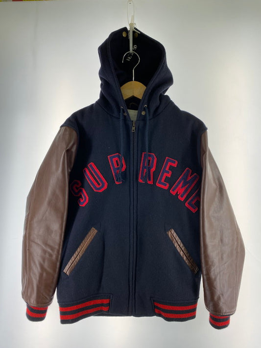 【中古品】【メンズ】 Supreme シュプリーム 12AW HOODED VARSITY JACKET フーデッド バーシティージャケット アウター フード付きスタジャン 149-260131-kk-30-min サイズ：S カラー：ネイビー/ブラウン 万代Net店