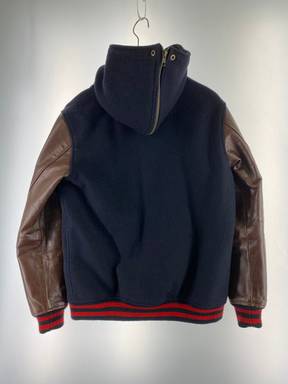 【中古品】【メンズ】 Supreme シュプリーム 12AW HOODED VARSITY JACKET フーデッド バーシティージャケット アウター フード付きスタジャン 149-260131-kk-30-min サイズ：S カラー：ネイビー/ブラウン 万代Net店