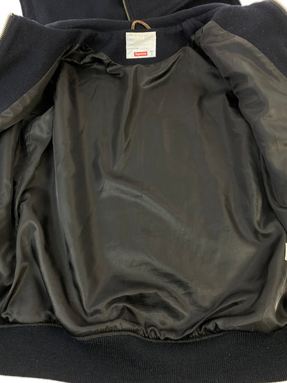 【中古品】【メンズ】 Supreme シュプリーム 12AW HOODED VARSITY JACKET フーデッド バーシティージャケット アウター フード付きスタジャン 149-260131-kk-30-min サイズ：S カラー：ネイビー/ブラウン 万代Net店