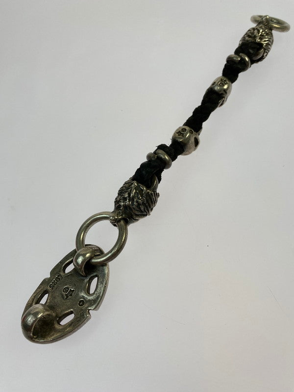 【中古品】【メンズ】 GABORATORY ガボラトリー 生前 スカルプテッド オーバルキーパー 2ライオンヘッド＆2スカルブレイデッドレザーキーチェーン アクセサリー シルバー 192-260214-SH-19-min カラー：ブラック 万代Net店