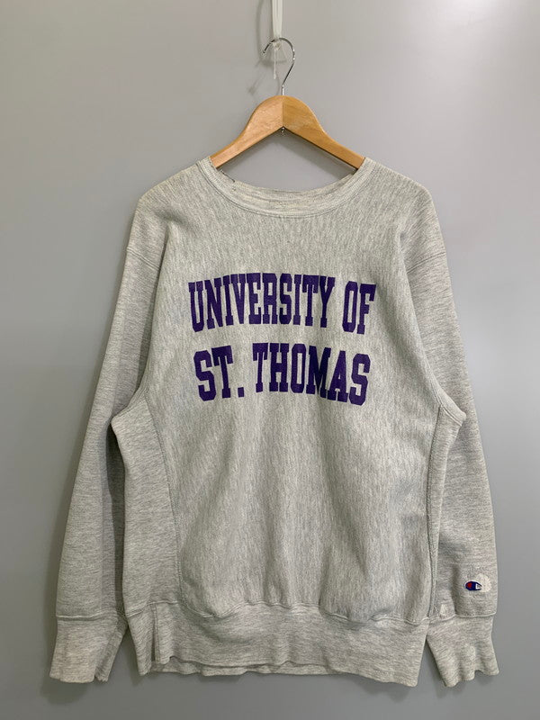 【現状渡し品】【メンズ】 Champion チャンピオン 90's UNIVERSITY OF ST.THOMAS REVERSE WEAVE CREWNECK SWEATSHIRT 90年代 セント・トーマス大学 リバースウィーブ クルーネックスウェットシャツ トップス トレーナー 146-260404-kk-06-min サイズ：XL カラー：グレー 万代Net店