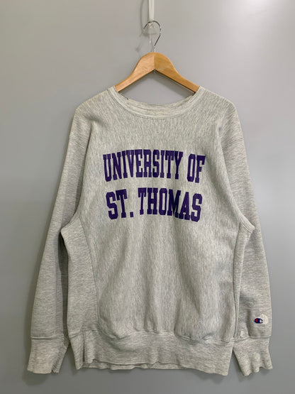 【現状渡し品】【メンズ】 Champion チャンピオン 90's UNIVERSITY OF ST.THOMAS REVERSE WEAVE CREWNECK SWEATSHIRT 90年代 セント・トーマス大学 リバースウィーブ クルーネックスウェットシャツ トップス トレーナー 146-260404-kk-06-min サイズ：XL カラー：グレー 万代Net店