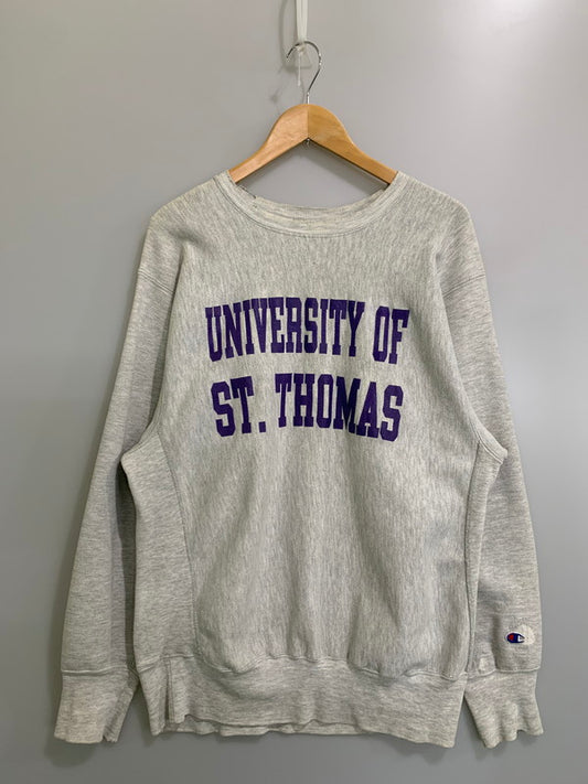 【現状渡し品】【メンズ】 Champion チャンピオン 90's UNIVERSITY OF ST.THOMAS REVERSE WEAVE CREWNECK SWEATSHIRT 90年代 セント・トーマス大学 リバースウィーブ クルーネックスウェットシャツ トップス トレーナー 146-260404-kk-06-min サイズ：XL カラー：グレー 万代Net店
