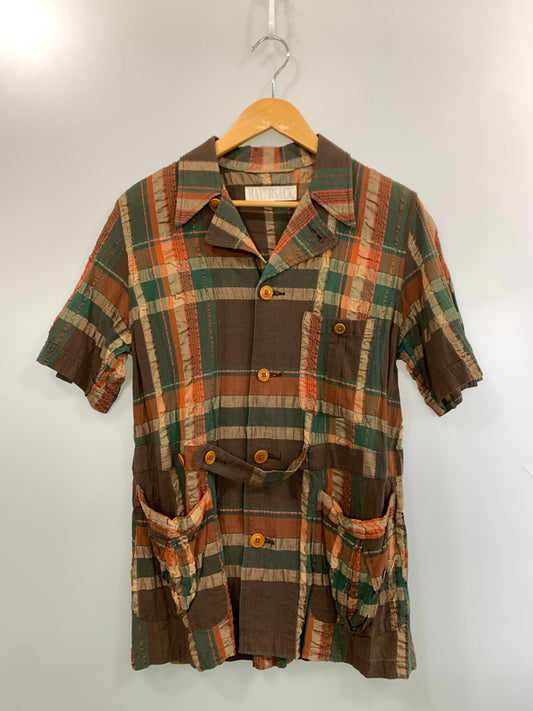 【中古品】【メンズ】 HAVERSACK ハバーザック LINEN CHECK SS LONG SHIRT リネン CHECK ショートスリーブ 半袖シャツ 146-260508-AS-15-min サイズ：M カラー：ブラウン/グリーン系 万代Net店