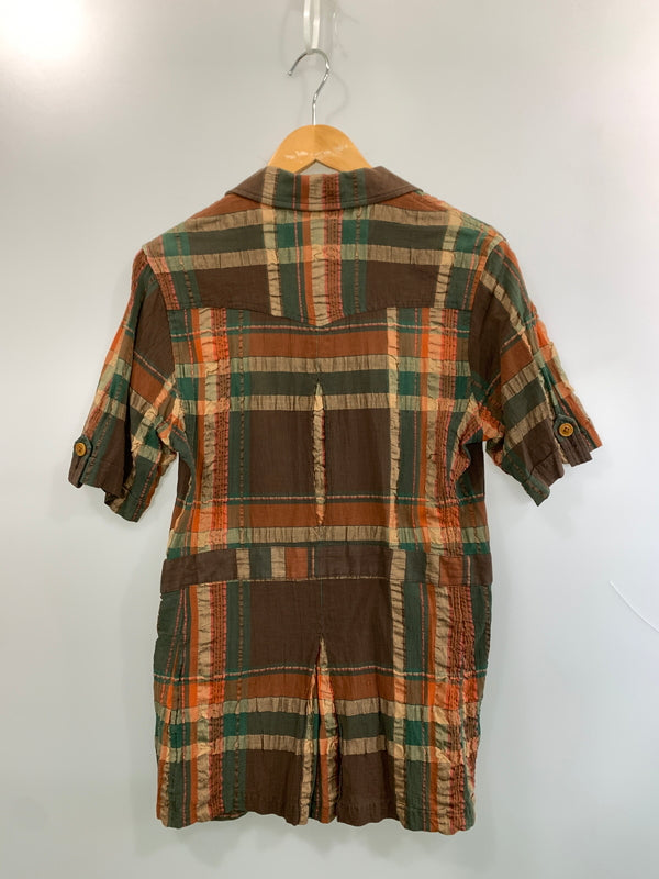 【中古品】【メンズ】 HAVERSACK ハバーザック LINEN CHECK SS LONG SHIRT リネン CHECK ショートスリーブ 半袖シャツ 146-260508-AS-15-min サイズ：M カラー：ブラウン/グリーン系 万代Net店
