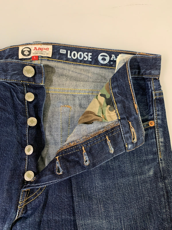 【中古品】【メンズ】 AAPE BY A BATHING APE エーエイプバイアベイシングエイプ LOOSE DENIM PANTS デニムパンツ 153-260604-AS-43-min サイズ：L カラー：インディゴ 万代Net店