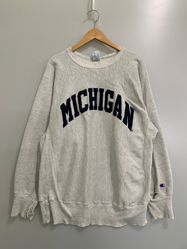 【現状渡し品】【メンズ】 CHAMPION REVERSE WEAVE チャンピオンリバースウィーブ 90S メキシコ製 MICHIGAN COLLEGE LS SWEAT SHIRT スウェット トレーナー 146-260508-AS-45-min サイズ：XL カラー：グレー 万代Net店