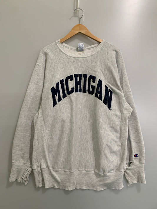 【現状渡し品】【メンズ】 CHAMPION REVERSE WEAVE チャンピオンリバースウィーブ 90S メキシコ製 MICHIGAN COLLEGE LS SWEAT SHIRT スウェット トレーナー 146-260508-AS-45-min サイズ：XL カラー：グレー 万代Net店