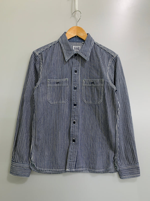 【中古品】【メンズ】 THE FLAT HEAD ザフラットヘッド PIN HICKORY L S WORK SHIRT ワークシャツ 145-260516-zi-09-min サイズ：38 カラー：ブルー/ホワイト 万代Net店