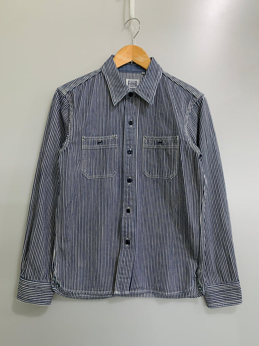 【中古品】【メンズ】 THE FLAT HEAD ザフラットヘッド PIN HICKORY L S WORK SHIRT ワークシャツ 145-260516-zi-09-min サイズ：38 カラー：ブルー/ホワイト 万代Net店