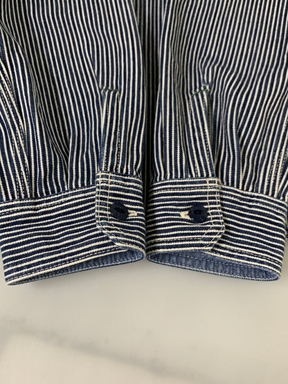 【中古品】【メンズ】 THE FLAT HEAD ザフラットヘッド PIN HICKORY L S WORK SHIRT ワークシャツ 145-260516-zi-09-min サイズ：38 カラー：ブルー/ホワイト 万代Net店