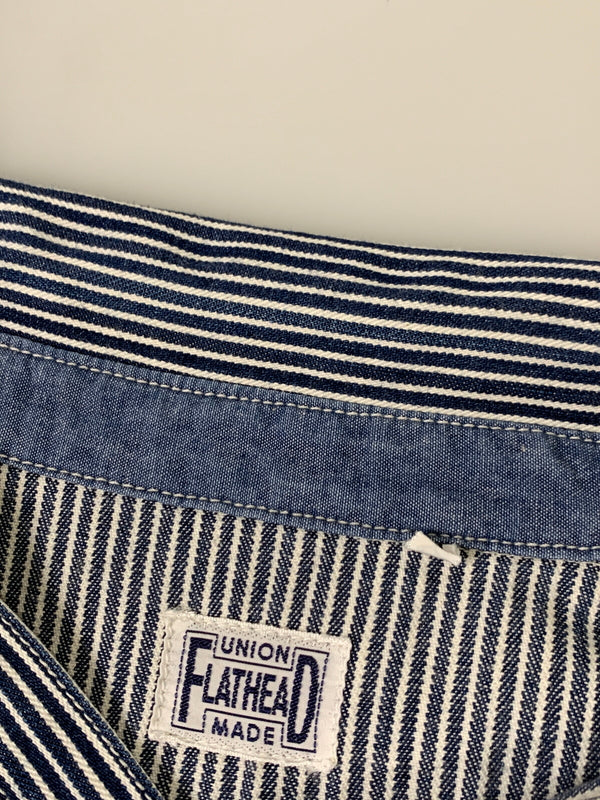 【中古品】【メンズ】 THE FLAT HEAD ザフラットヘッド PIN HICKORY L S WORK SHIRT ワークシャツ 145-260516-zi-09-min サイズ：38 カラー：ブルー/ホワイト 万代Net店