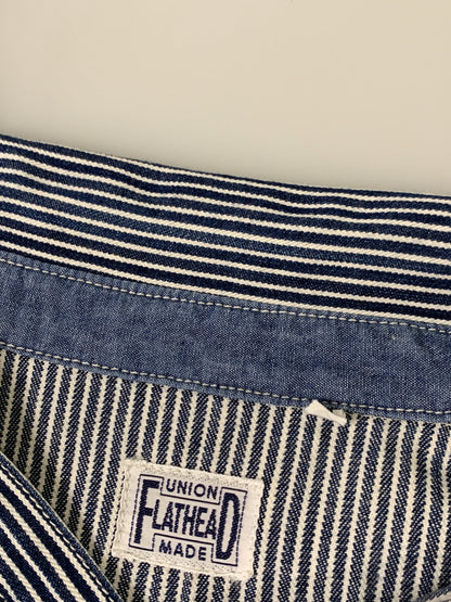 【中古品】【メンズ】 THE FLAT HEAD ザフラットヘッド PIN HICKORY L S WORK SHIRT ワークシャツ 145-260516-zi-09-min サイズ：38 カラー：ブルー/ホワイト 万代Net店