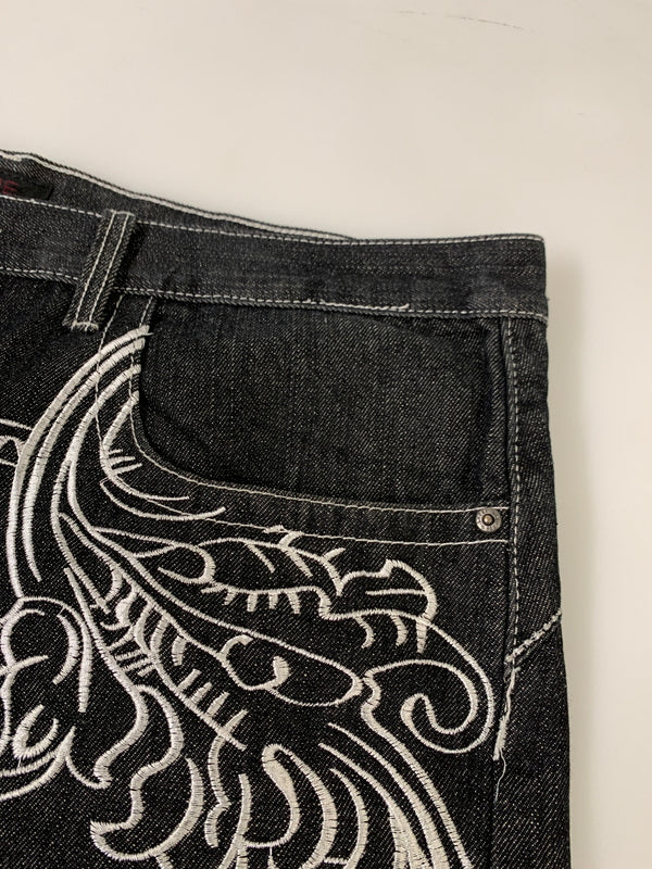 【中古品】【メンズ】 RED APE レッドエイプ 刺繍 BAGGY DENIM PANTS バギーデニムパンツ 157-260516-zi-25-min サイズ：44 カラー：ブラック 万代Net店