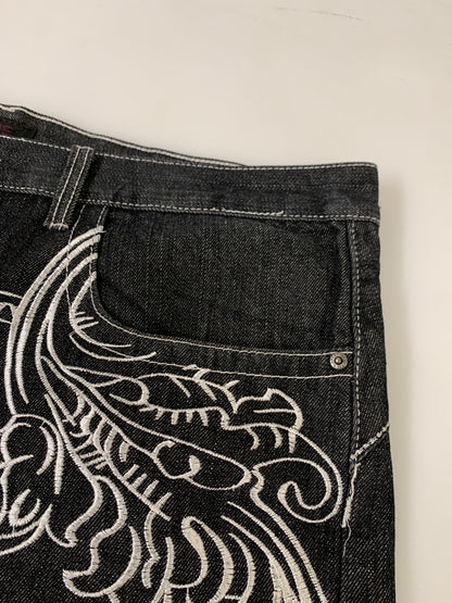 【中古品】【メンズ】 RED APE レッドエイプ 刺繍 BAGGY DENIM PANTS バギーデニムパンツ 157-260516-zi-25-min サイズ：44 カラー：ブラック 万代Net店