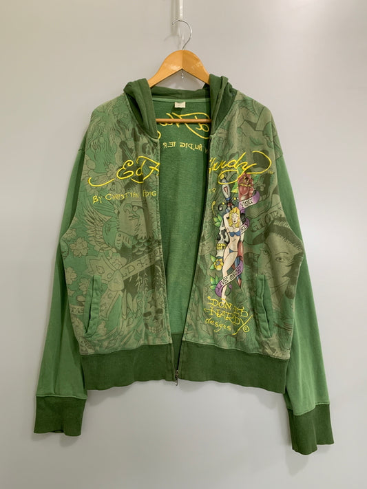 【ジャンク品】【メンズ】 ED HARDY エドハーディ 総柄 ZIP HOODIE ジップフーディ 141-260516-zi-23-min カラー：グリーン 万代Net店