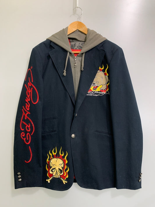 【現状渡し品】【メンズ】 ED HARDY エドハーディ フード付 テーラードジャケット 141-260516-zi-11-min サイズ：S カラー：ネイビー/オリーブ 万代Net店