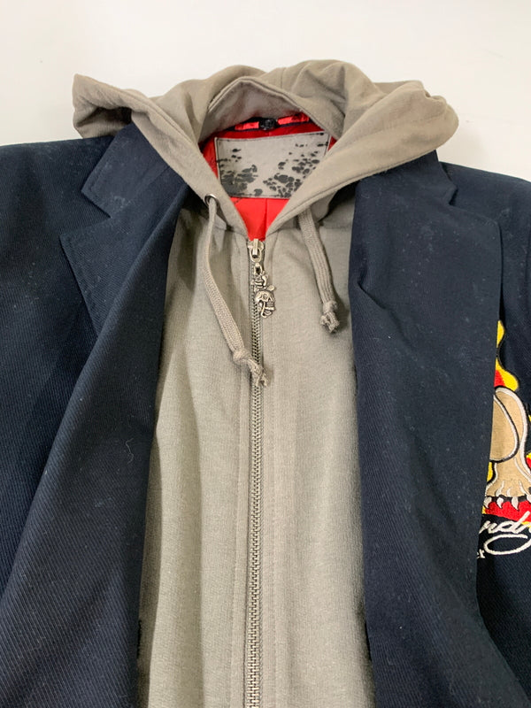 【現状渡し品】【メンズ】 ED HARDY エドハーディ フード付 テーラードジャケット 141-260516-zi-11-min サイズ：S カラー：ネイビー/オリーブ 万代Net店