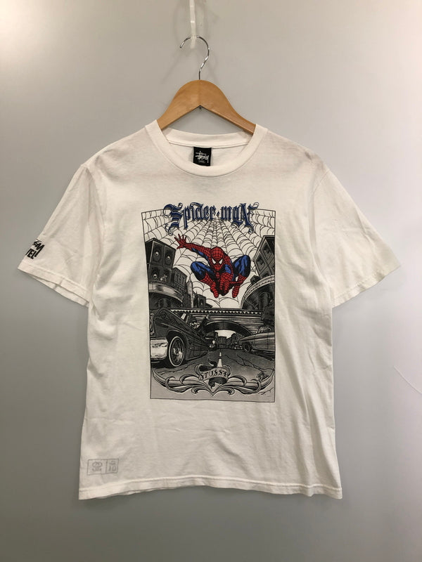 【中古品】【メンズ】 STUSSY × MARVEL ステューシー マーベル SPIDERMAN T-SHIRT 半袖Tシャツ トップス 142-260519-yn-29-min サイズ：S カラー：ホワイト 万代Net店