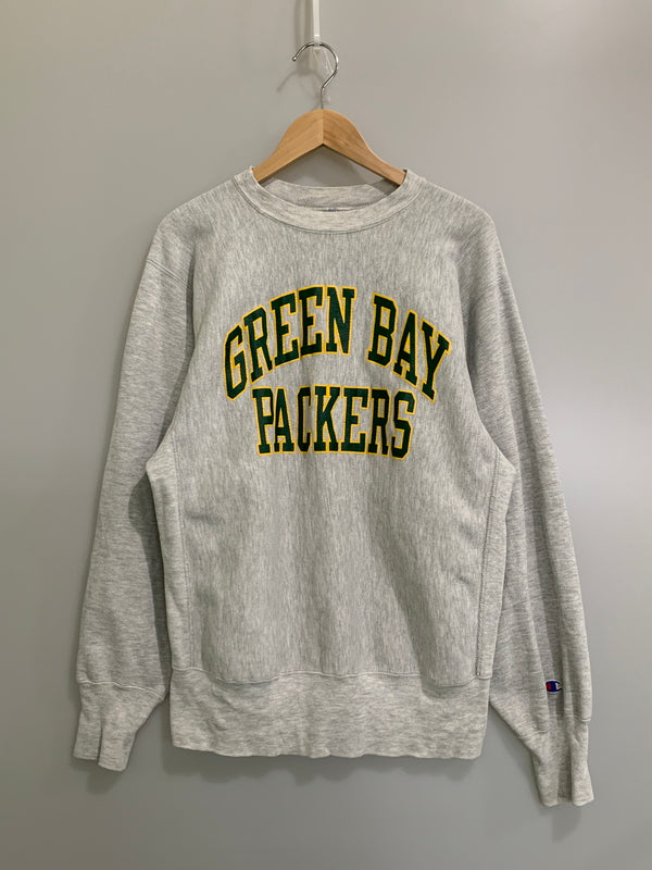 【中古品】【メンズ】 CHAMPION チャンピオン REVERSE WEAVE 90S USA製 ”GREEN BAY PACKERS” LS SWEAT SHIRT リバースウィーブ 90年代 アメリカ製 長袖 スウェット シャツ プリント トレーナー 146-260518-em-23-min サイズ：L カラー：ライトグレー 万代Net店
