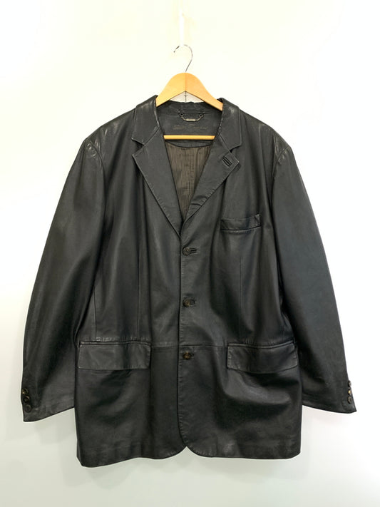 【現状渡し品】【メンズ】 SALVATORE FERRAGAMO サルヴァトーレフェラガモ イタリア製 REAL LEATHER COAT リアル レザー コート アウター 141-260526-jt-21-min サイズ：60 カラー：ブラック 万代Net店