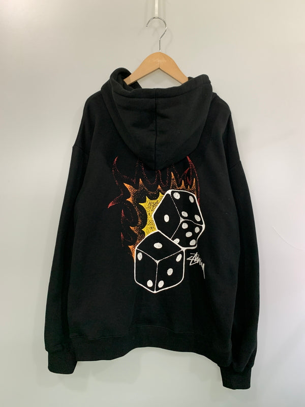 【中古品】【メンズ】 STUSSY ステューシー FIRE DICE FLEECE HOODIE ファイアー ダイス エフェクト フーディ パーカー トップス 142-260618-jt-30-min サイズ：XL カラー：ブラック 万代Net店
