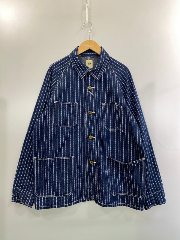 【中古品】【メンズ】 FOB FACTORY エフオービーファクトリー STRIPE DENIM COVERALL F2410 ストライプデニムカバーオール ライトアウター 145-260707-yn-04-min サイズ：L カラー：ネイビー 万代Net店