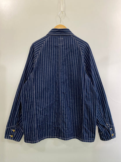 【中古品】【メンズ】 FOB FACTORY エフオービーファクトリー STRIPE DENIM COVERALL F2410 ストライプデニムカバーオール ライトアウター 145-260707-yn-04-min サイズ：L カラー：ネイビー 万代Net店