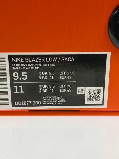 【中古美品】【メンズ】 NIKE ナイキ BLAZER LOW / SACAI DD1877-200 ブレーザーロー サカイ スニーカー 靴 160-260709-yn-26-min サイズ：27.5cm US9.5 カラー：T BRITISH TAN/UNIVERSITY RED 万代Net店