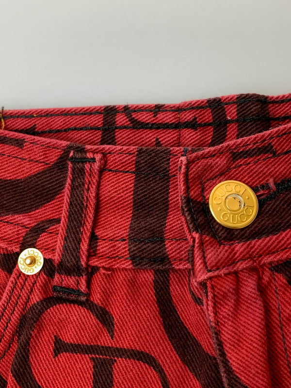 【中古品】【レディース】 GUCCI グッチ 90S トムフォード期 総柄 DENIM PANT デニムパンツ ボトムス ヴィンテージ 170-260711-AS-7-min サイズ：下記参照 カラー：レッド 万代Net店