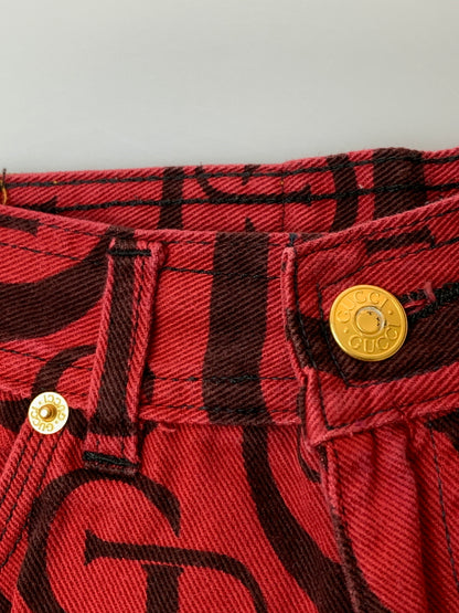 【中古品】【レディース】 GUCCI グッチ 90S トムフォード期 総柄 DENIM PANT デニムパンツ ボトムス ヴィンテージ 170-260711-AS-7-min サイズ：下記参照 カラー：レッド 万代Net店