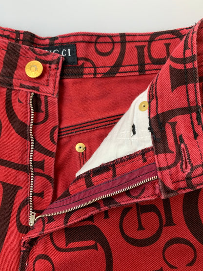 【中古品】【レディース】 GUCCI グッチ 90S トムフォード期 総柄 DENIM PANT デニムパンツ ボトムス ヴィンテージ 170-260711-AS-7-min サイズ：下記参照 カラー：レッド 万代Net店