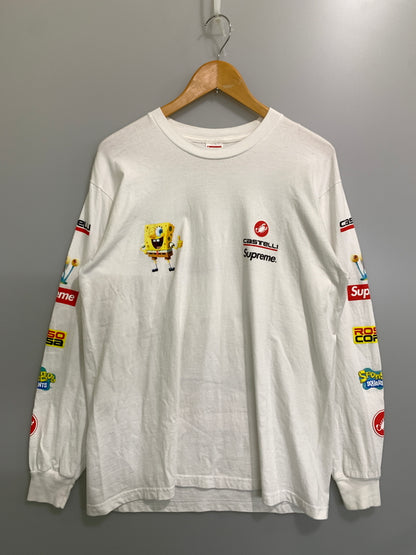 【中古品】【メンズ】 SUPREME シュプリーム × SPONGEBOB スポンジボブ CASTELLI RACING LS TEE 25S カステリ レーシング ロングスリーブ 長袖 Tシャツ メンズ トップス スクエアパンツ ロンT 149-260720-em-48-min サイズ：M カラー：ホワイト 万代Net店