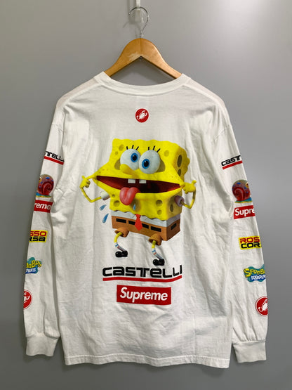 【中古品】【メンズ】 SUPREME シュプリーム × SPONGEBOB スポンジボブ CASTELLI RACING LS TEE 25S カステリ レーシング ロングスリーブ 長袖 Tシャツ メンズ トップス スクエアパンツ ロンT 149-260720-em-48-min サイズ：M カラー：ホワイト 万代Net店