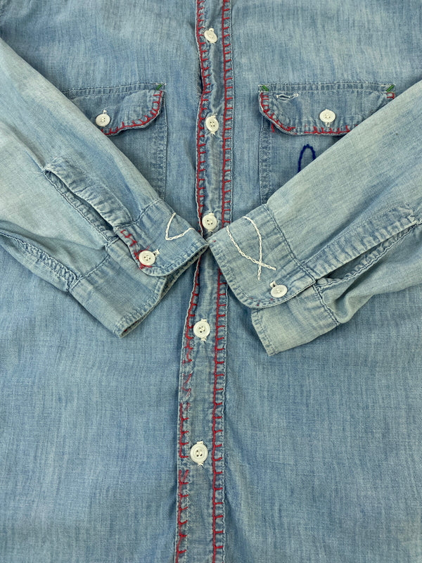 【中古品】【メンズ】 BIGMAC ビッグマック 70'S HANDSTITCH CHAMBRAY SHIRT 70年代 ハンドステッチ シャンブレー シャツ 長袖 ロングスリーブ 146-260724-hu-35-min カラー：ライトブルー系 万代Net店