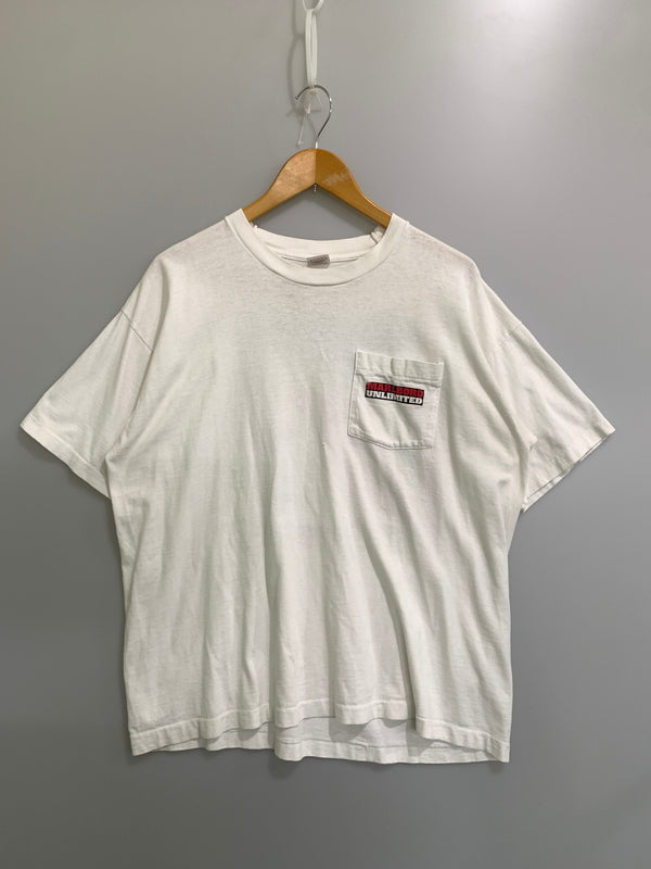【中古品】【メンズ】 MARLBORO マルボロ 90S UNLIMITED TRAIN SS TEE 90年代 アンリミテッド トレイン ショートスリーブ ティー 半袖 Tシャツ ヴィンテージ 146-260728-hu-25-min サイズ：XL カラー：ホワイト 万代Net店