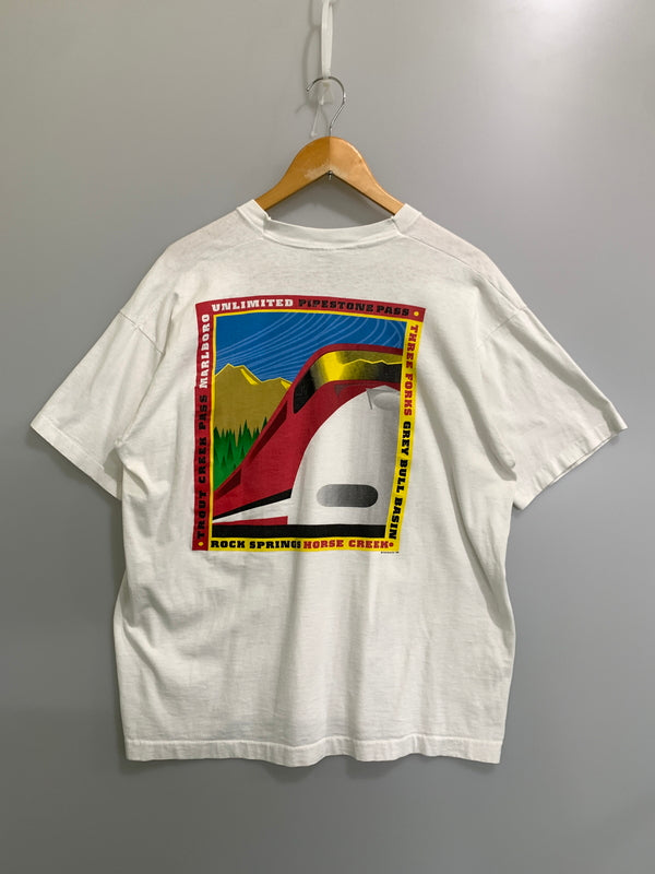 【中古品】【メンズ】 MARLBORO マルボロ 90S UNLIMITED TRAIN SS TEE 90年代 アンリミテッド トレイン ショートスリーブ ティー 半袖 Tシャツ ヴィンテージ 146-260728-hu-25-min サイズ：XL カラー：ホワイト 万代Net店