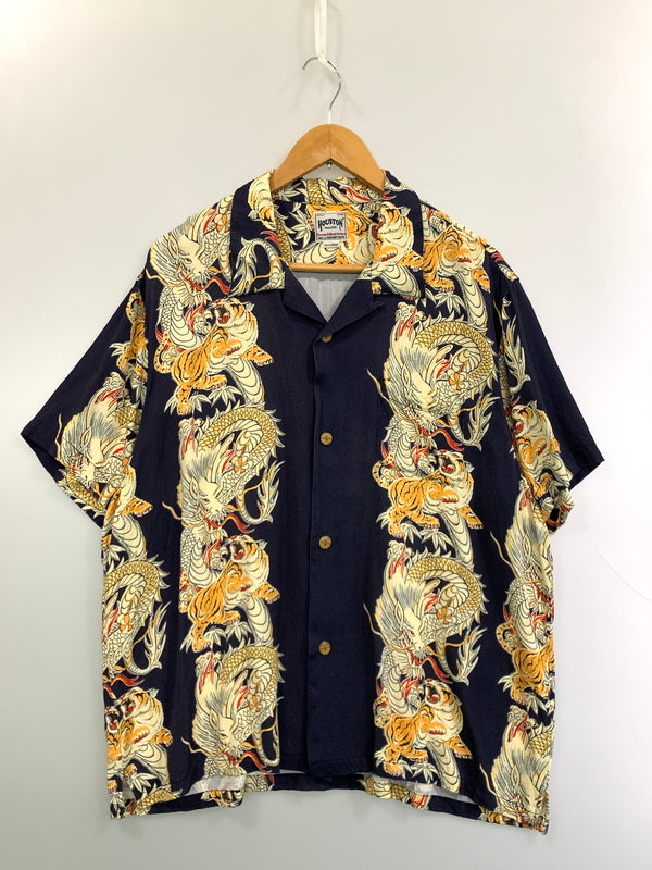 【中古品】【メンズ】 HOUSTON ヒューストンALOHA SHIRTS DRAGON AND TIGER アロハシャツ 41196 半袖 シャツ ショートスリーブ 145-260804-hu-41-min サイズ：XXL カラー：ネイビー/ホワイト/イエロー 万代Net店