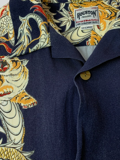 【中古品】【メンズ】 HOUSTON ヒューストンALOHA SHIRTS DRAGON AND TIGER アロハシャツ 41196 半袖 シャツ ショートスリーブ 145-260804-hu-41-min サイズ：XXL カラー：ネイビー/ホワイト/イエロー 万代Net店