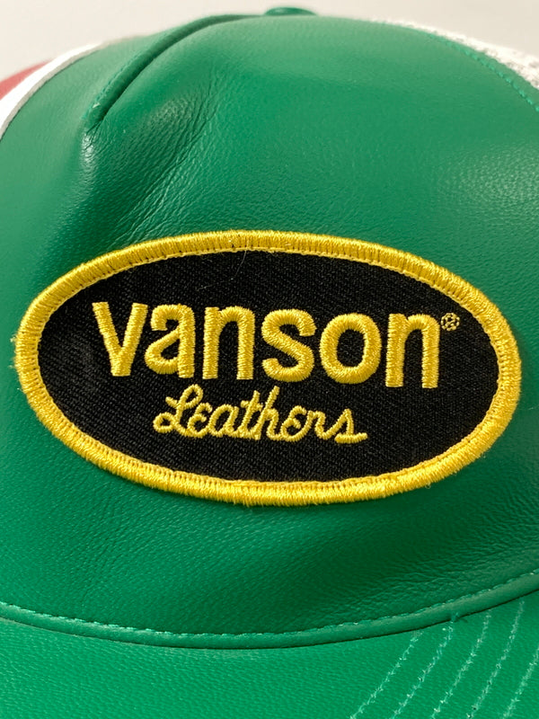 【中古品】【メンズ】 SUPREME×VANSON シュプリーム バンソン LEATHER MESH BACK 5-PANEL レザーメッシュ バッグ キャップ 帽子 185--hu-09-min カラー：グリーン/ホワイト/レッド 万代Net店