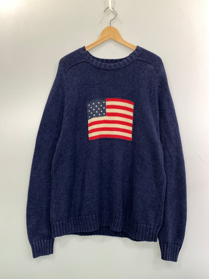 【中古品】【メンズ】 LAND'S END ランズエンド 星条旗ニット トップス セーター 146-260822-hu-37-min サイズ：L カラー：ネイビー 万代Net店